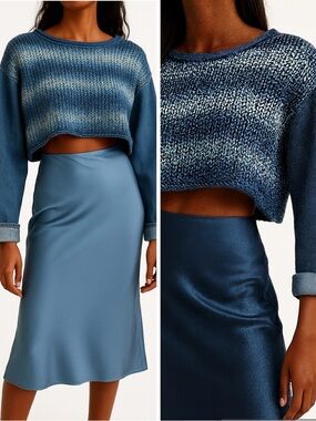 Handmade Oversized Blue Cropped Knit Top, Denim Sleeves L/XL